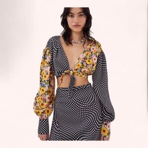 For Love and Lemons Daisy Polka Dot Long Sleeve Tie Anya Crop Top NWOT Size S